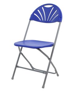 Profile view of blue fanback folding plastic chairs