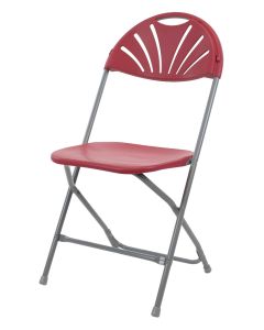 Profile view of red fanback folding plastic chair