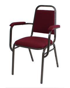 Profile view of burgundy steel stacking chair with arms