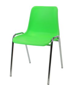 Profile view of lime and chrome plastic stacking chair