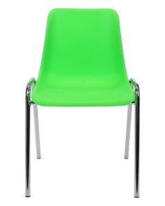 Profile view of lime and chrome plastic stacking chair