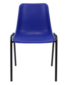 Profile view of blue and black plastic stacking chair