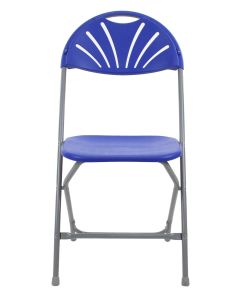 Profile view of blue fanback folding plastic chairs