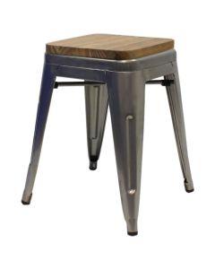 Industrial grey Tolix low stool oak seat