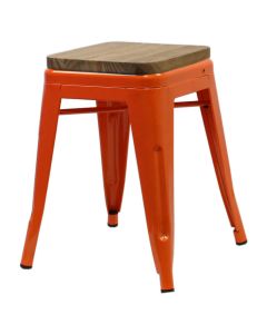 Orange Tolix low stool walnut seat