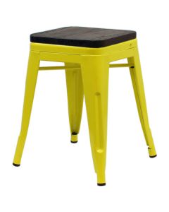 Yellow Tolix low stool walnut seat