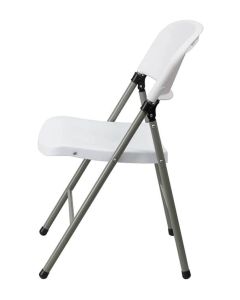 Profile view of white evo folding plastic chair