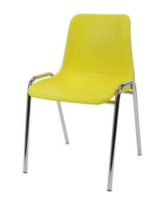 Profile view of yellow and chrome plastic stacking chair