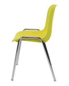 Profile view of yellow and chrome plastic stacking chair