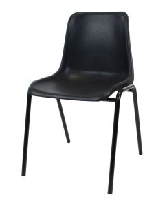 Profile view of black plastic stacking chair