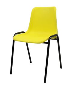 Profile view of yellow and black plastic stacking chair