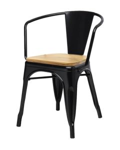 Tolix Style Metal Armchair with Wooden Seat - Gloss Black