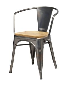 Tolix Style Metal Armchair with Wooden Seat - Industrial Grey