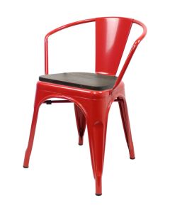 Tolix Style Metal Armchair with Wooden Seat - Red