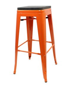 Orange Tolix bar stool walnut seat
