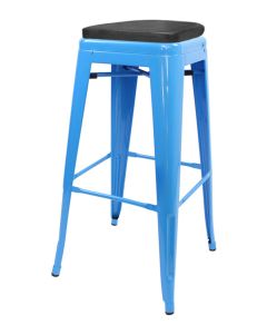 Tolix Style 76cm Bar Height Stool with Upholstered Box Seat - Blue