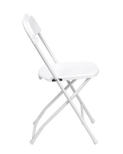 Profile view of white foldaway plastic chair