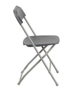 Profile view of charcoal foldaway plastic chair