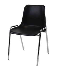 Profile view of black and chrome plastic stacking chair