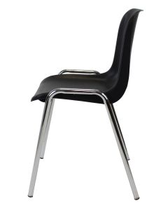 Profile view of black and chrome plastic stacking chair