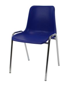 Profile view of blue and chrome plastic stacking chair