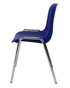 Profile view of blue and chrome plastic stacking chair