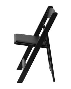 Profile view of black folding plastic wedding chair
