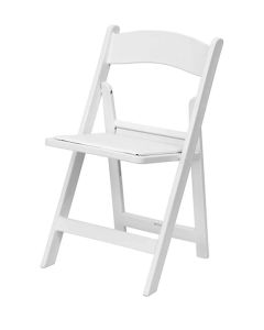 Profile view of white folding plastic wedding chair
