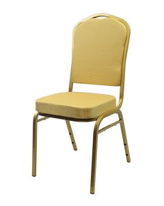 Profile view of gold steel banqueting chair