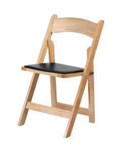 Profile view of natural wood folding chair black pad