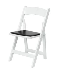 Profile view of white wood folding chair black pad