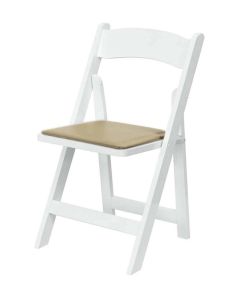 Profile view of white folding chair cream pad