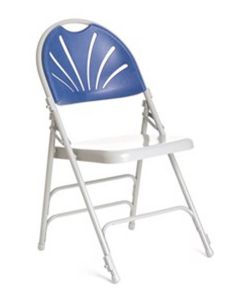 Profile view of blue prima deluxe steel folding chair