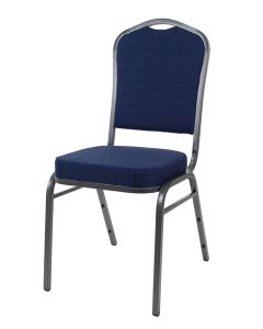 Profile view of blue and silver steel banqueting chair