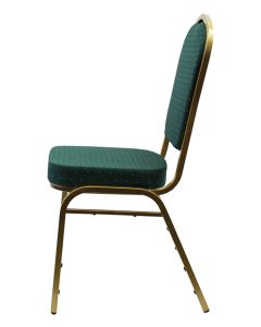 Profile view of green and gold steel banqueting chair