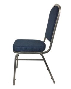 Profile view of blue and silver steel banqueting chair