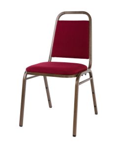 Profile view of burgundy and gold steel stacking chair