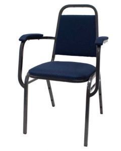 Profile view of blue and silver steel stacking chair with arms
