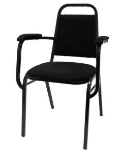 Profile view of black steel stacking chair with arms