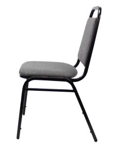 Profile view of black and grey steel stacking chair