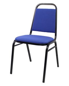 Profile view of blue and black steel stacking chair