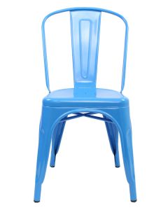 Profile view of blue Tolix chair