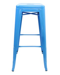 Profile view of blue Tolix bar stool