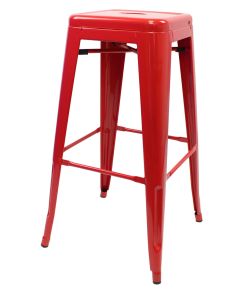 Profile view of red Tolix bar stool