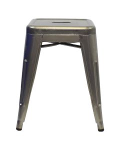Profile view of industrial grey Tolix low stool