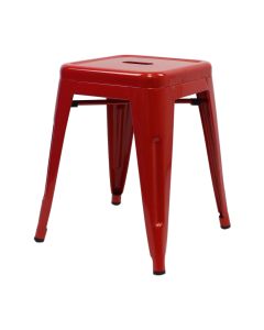 Profile view of red Tolix low stool