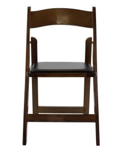 Profile view of dark wood folding chair black pad