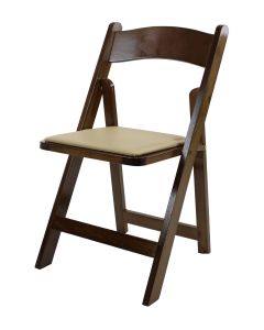 Profile view of dark wood folding chair cream pad