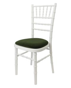 Profile view of white Chiavari chair with green pad
