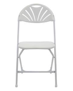 Profile view of white fanback folding plastic chair 